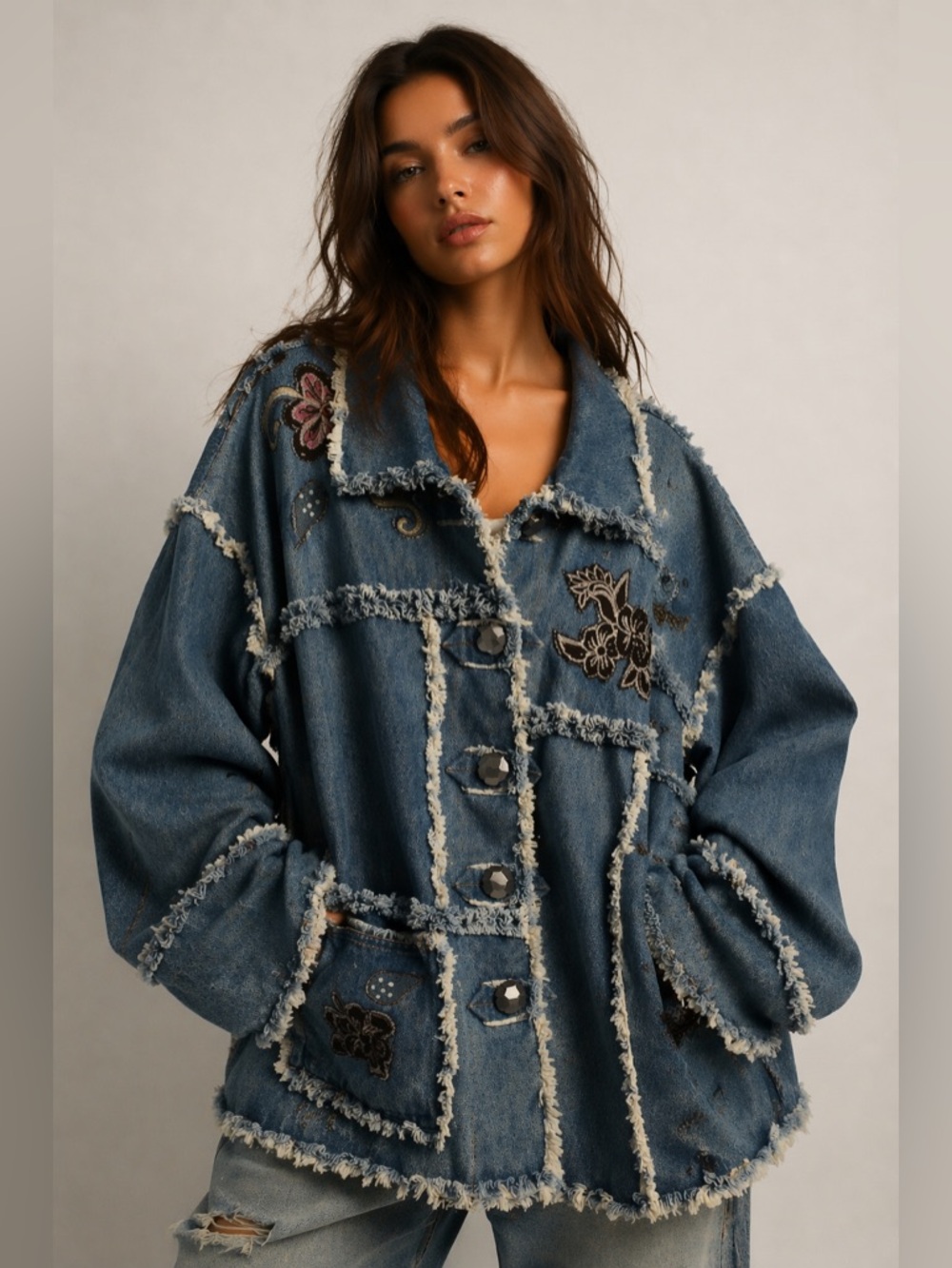 Handmade Upcycled Embroidered Denim Jacket with Frayed Edges Size Large Pit 23